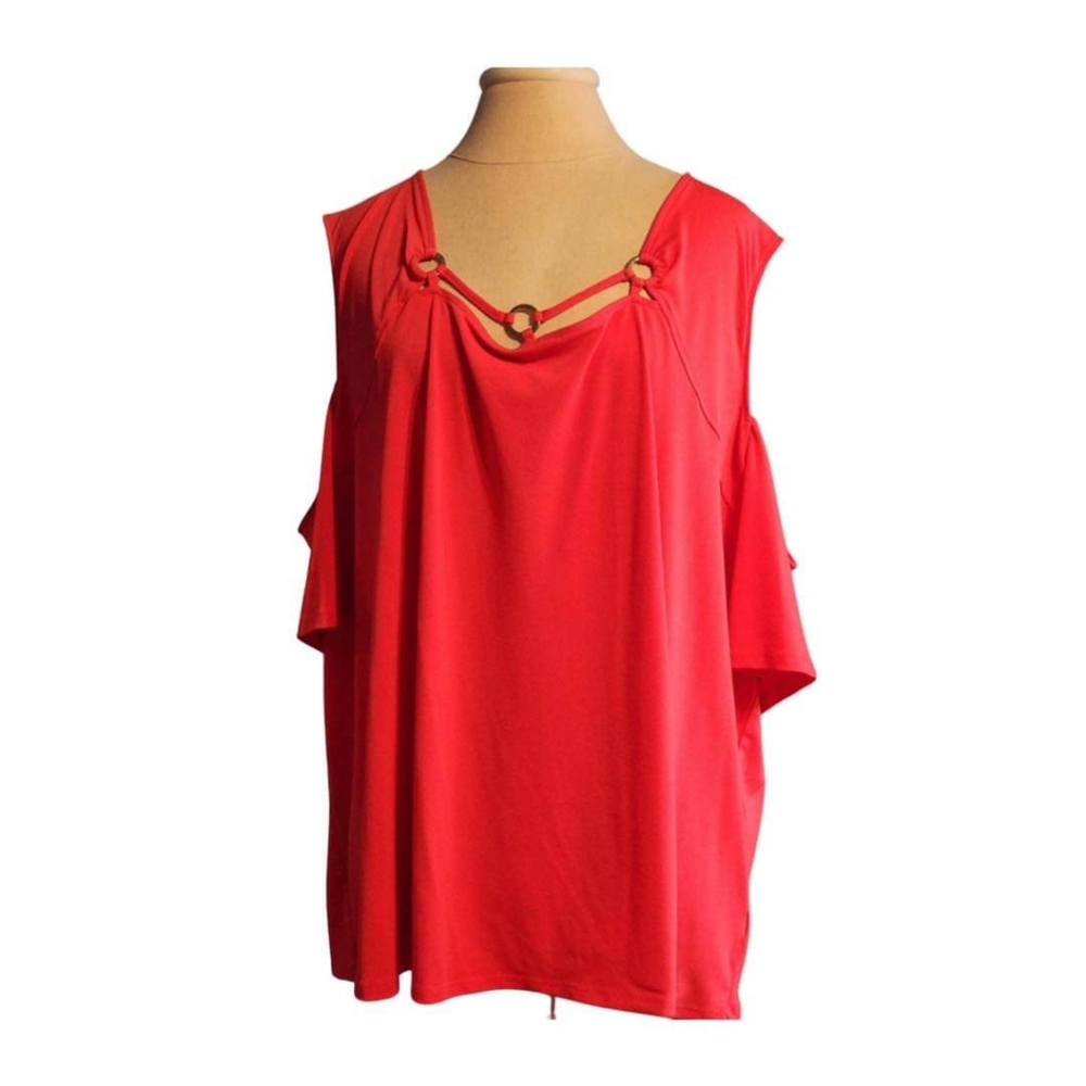 Red cold shoulder blouse w cute gold rings at neckline, 4x
